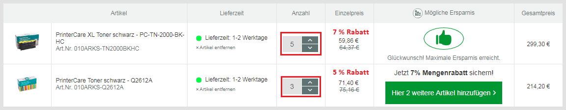 Mengenrabatt für Printer Care Toner und Tintenpatronen